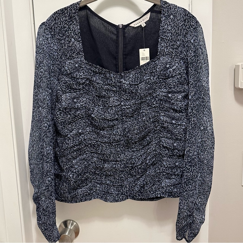 RANNA GILL Anthropologie Mylene Blouse L Navy NWT Sheer Ruched Slv Top *REPAIR